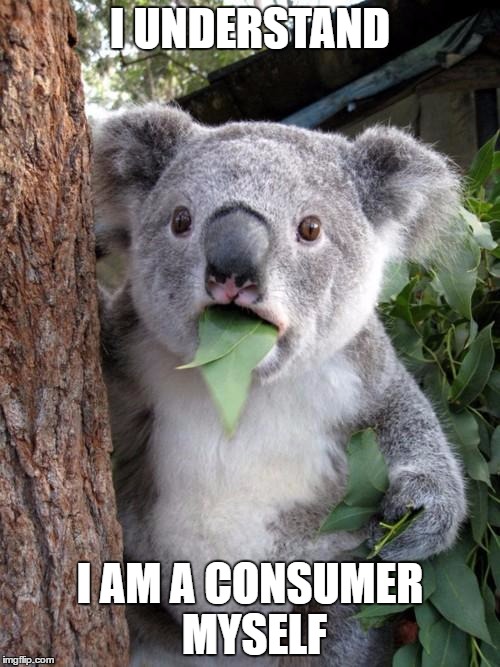 Surprised Koala Meme | I UNDERSTAND; I AM A CONSUMER MYSELF | image tagged in memes,surprised koala | made w/ Imgflip meme maker