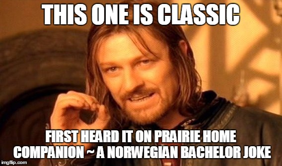 One Does Not Simply Meme | THIS ONE IS CLASSIC FIRST HEARD IT ON PRAIRIE HOME COMPANION ~ A NORWEGIAN BACHELOR JOKE | image tagged in memes,one does not simply | made w/ Imgflip meme maker