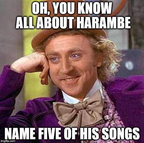 Creepy Condescending Wonka | OH, YOU KNOW ALL ABOUT HARAMBE; NAME FIVE OF HIS SONGS | image tagged in memes,creepy condescending wonka | made w/ Imgflip meme maker