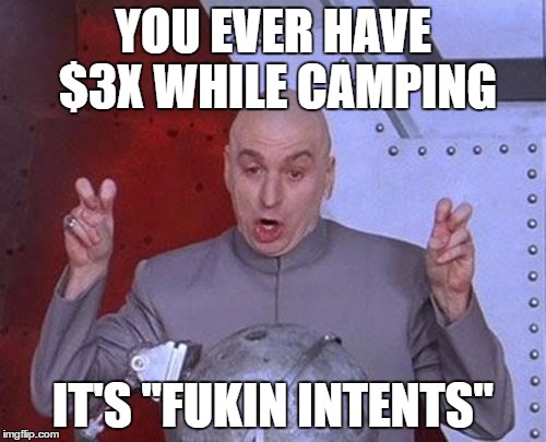 Dr Evil Laser | YOU EVER HAVE $3X WHILE CAMPING; IT'S "FUKIN INTENTS" | image tagged in memes,dr evil laser | made w/ Imgflip meme maker