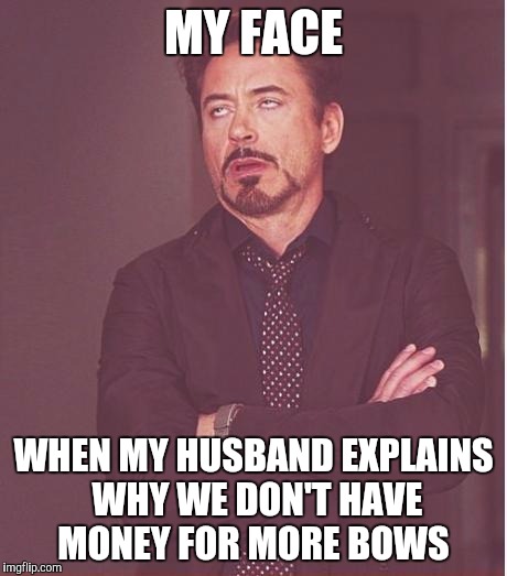 Face You Make Robert Downey Jr | MY FACE; WHEN MY HUSBAND EXPLAINS WHY WE DON'T HAVE MONEY FOR MORE BOWS | image tagged in memes,face you make robert downey jr | made w/ Imgflip meme maker