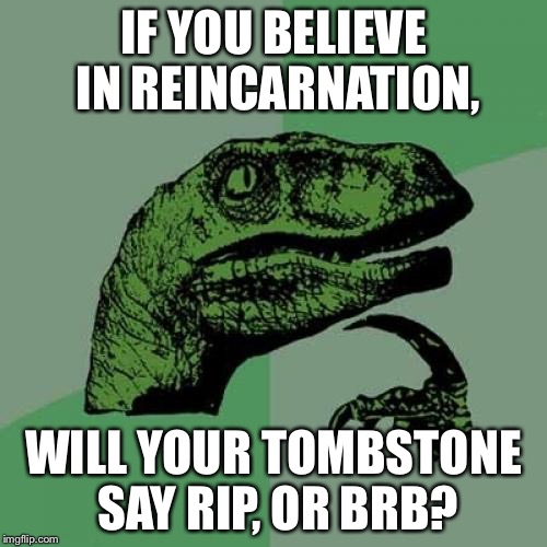 Philosoraptor | IF YOU BELIEVE IN REINCARNATION, WILL YOUR TOMBSTONE SAY RIP, OR BRB? | image tagged in memes,philosoraptor | made w/ Imgflip meme maker