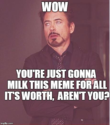 Face You Make Robert Downey Jr Meme | WOW YOU'RE JUST GONNA MILK THIS MEME FOR ALL IT'S WORTH,  AREN'T YOU? | image tagged in memes,face you make robert downey jr | made w/ Imgflip meme maker