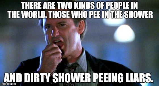 Bill Pullman president speech | THERE ARE TWO KINDS OF PEOPLE IN THE WORLD. THOSE WHO PEE IN THE SHOWER; AND DIRTY SHOWER PEEING LIARS. | image tagged in bill pullman president speech | made w/ Imgflip meme maker