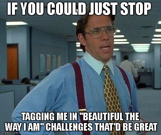 That Would Be Great Meme | IF YOU COULD JUST STOP; TAGGING ME IN "BEAUTIFUL THE WAY I AM" CHALLENGES THAT'D BE GREAT | image tagged in memes,that would be great | made w/ Imgflip meme maker