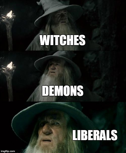 Confused Gandalf | WITCHES; DEMONS; LIBERALS | image tagged in memes,confused gandalf | made w/ Imgflip meme maker