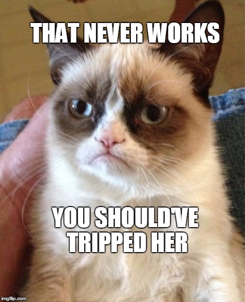 Grumpy Cat Meme | THAT NEVER WORKS YOU SHOULD'VE TRIPPED HER | image tagged in memes,grumpy cat | made w/ Imgflip meme maker