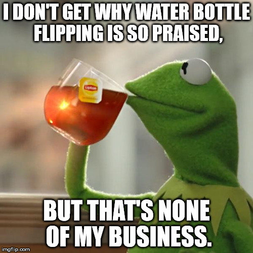I just, don't get it... why? | I DON'T GET WHY WATER BOTTLE FLIPPING IS SO PRAISED, BUT THAT'S NONE OF MY BUSINESS. | image tagged in memes,but thats none of my business,kermit the frog,water bottle,flipping | made w/ Imgflip meme maker