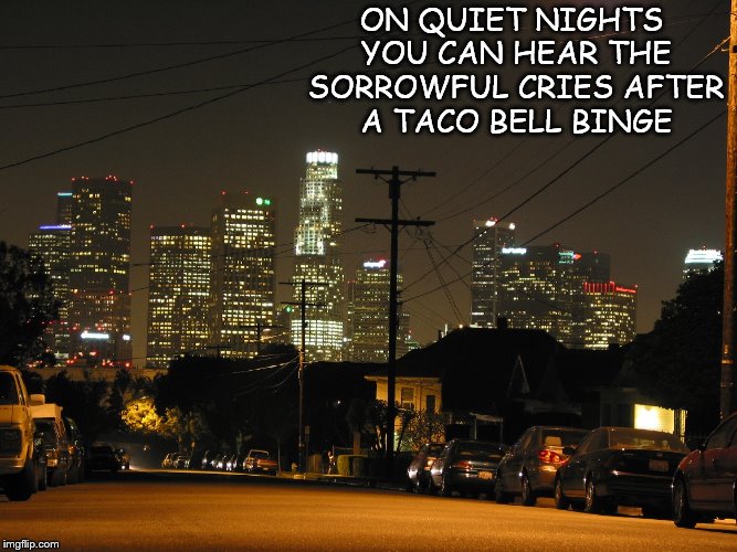 Tales from the hood | ON QUIET NIGHTS YOU CAN HEAR THE SORROWFUL CRIES AFTER A TACO BELL BINGE | image tagged in city | made w/ Imgflip meme maker