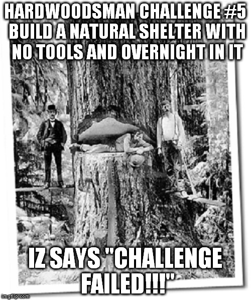 Lumberjack | HARDWOODSMAN CHALLENGE #5 BUILD A NATURAL SHELTER WITH NO TOOLS AND OVERNIGHT IN IT; IZ SAYS "CHALLENGE FAILED!!!" | image tagged in lumberjack | made w/ Imgflip meme maker