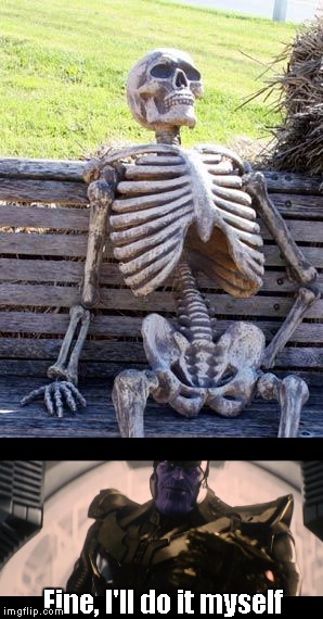 So, when then? | Fine, I'll do it myself | image tagged in waiting skeleton,thanos | made w/ Imgflip meme maker