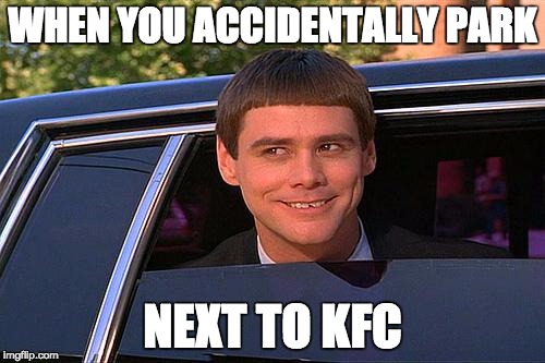cool and stupid | WHEN YOU ACCIDENTALLY PARK; NEXT TO KFC | image tagged in cool and stupid | made w/ Imgflip meme maker