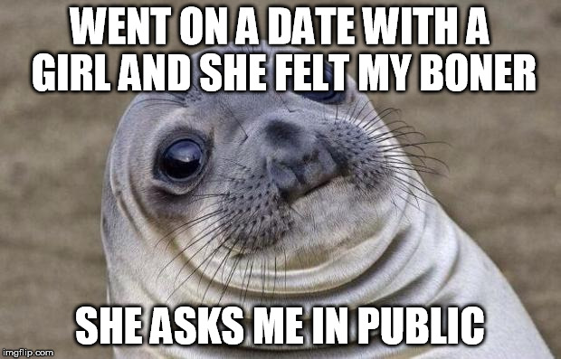 Awkward Moment Sealion Meme | WENT ON A DATE WITH A GIRL AND
SHE FELT MY BONER; SHE ASKS ME IN PUBLIC | image tagged in memes,awkward moment sealion | made w/ Imgflip meme maker