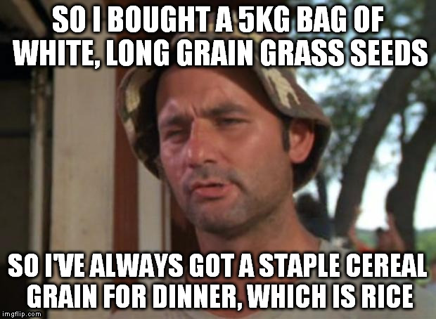 I can do it too! It must be Got That Going Week? | SO I BOUGHT A 5KG BAG OF WHITE, LONG GRAIN GRASS SEEDS; SO I'VE ALWAYS GOT A STAPLE CEREAL GRAIN FOR DINNER, WHICH IS RICE | image tagged in memes,so i got that goin for me which is nice,got that going week,rice,popular,food | made w/ Imgflip meme maker