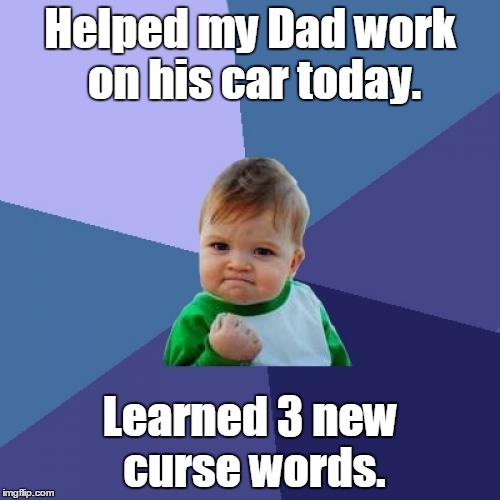 Success Kid Meme | Helped my Dad work on his car today. Learned 3 new curse words. | image tagged in memes,success kid | made w/ Imgflip meme maker