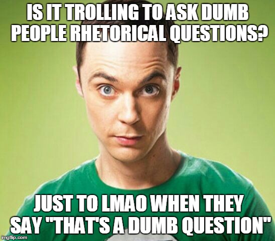 Sheldon Cooper | IS IT TROLLING TO ASK DUMB PEOPLE RHETORICAL QUESTIONS? JUST TO LMAO WHEN THEY SAY "THAT'S A DUMB QUESTION" | image tagged in meme,sheldon cooper | made w/ Imgflip meme maker