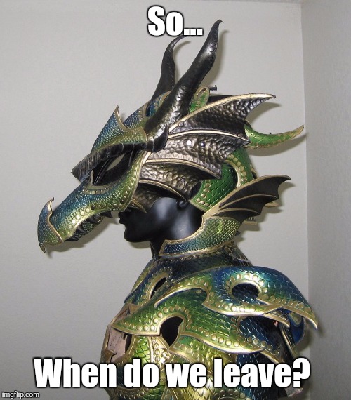 Road trip | So... When do we leave? | image tagged in dragon,armor,road trip,vacation,holiday | made w/ Imgflip meme maker