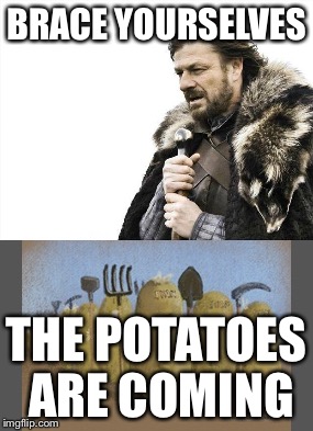 BRACE YOURSELVES; THE POTATOES ARE COMING | image tagged in brace yourselves x is coming | made w/ Imgflip meme maker