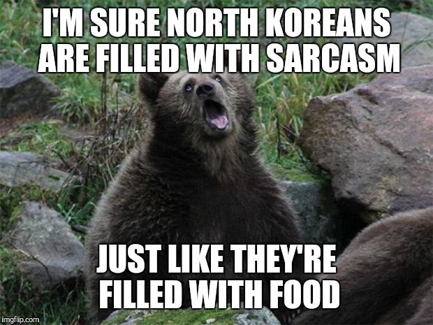 Sarcastic Bear | I'M SURE NORTH KOREANS ARE FILLED WITH SARCASM; JUST LIKE THEY'RE FILLED WITH FOOD | image tagged in sarcastic bear | made w/ Imgflip meme maker