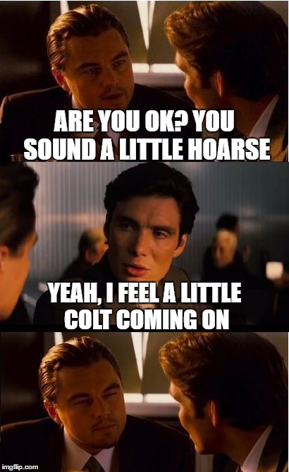 Inception Meme | ARE YOU OK? YOU SOUND A LITTLE HOARSE; YEAH, I FEEL A LITTLE COLT COMING ON | image tagged in memes,inception | made w/ Imgflip meme maker