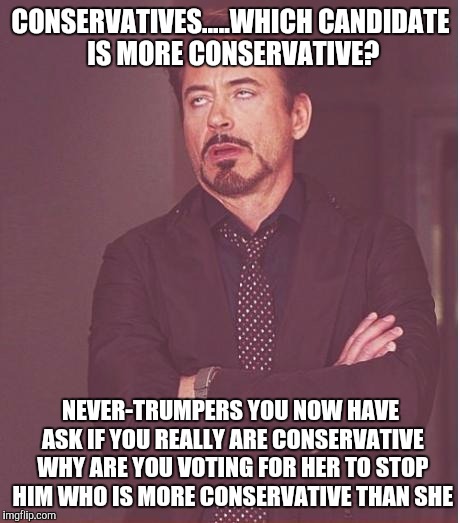 Face You Make Robert Downey Jr Meme | CONSERVATIVES.....WHICH CANDIDATE IS MORE CONSERVATIVE? NEVER-TRUMPERS YOU NOW HAVE ASK IF YOU REALLY ARE CONSERVATIVE WHY ARE YOU VOTING FOR HER TO STOP HIM WHO IS MORE CONSERVATIVE THAN SHE | image tagged in memes,face you make robert downey jr | made w/ Imgflip meme maker