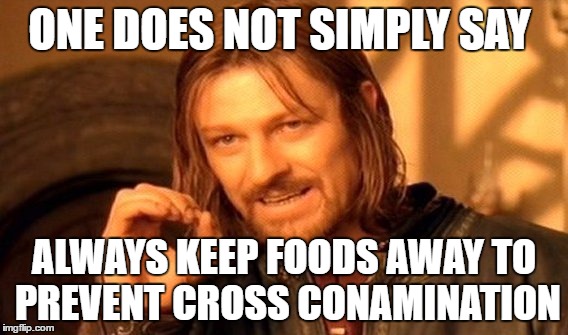 One Does Not Simply Meme | ONE DOES NOT SIMPLY SAY; ALWAYS KEEP FOODS AWAY TO PREVENT CROSS CONAMINATION | image tagged in memes,one does not simply | made w/ Imgflip meme maker