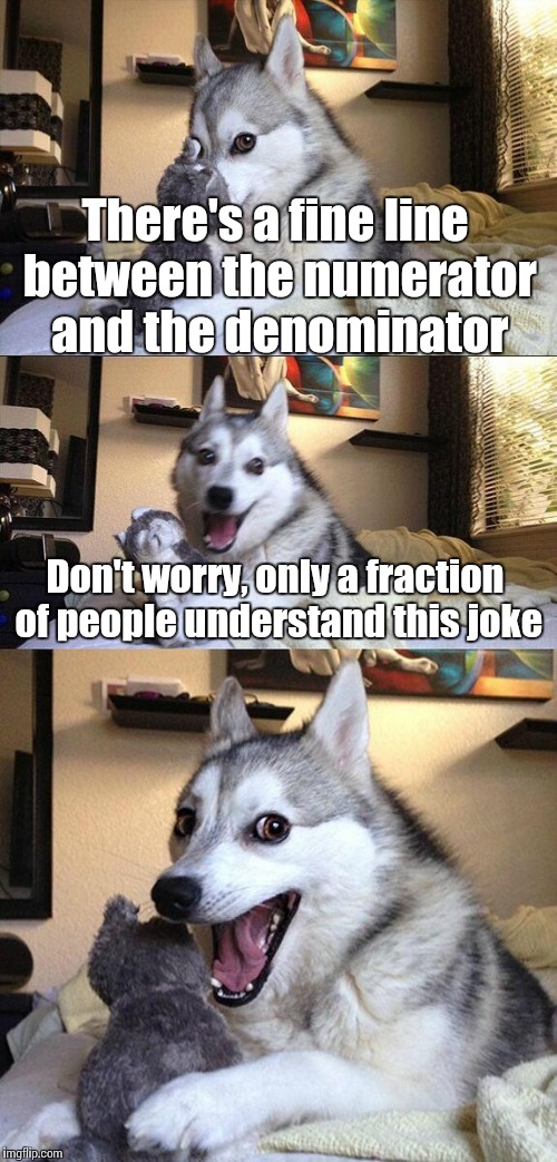 Bad Pun Dog | There's a fine line between the numerator and the denominator; Don't worry, only a fraction of people understand this joke | image tagged in memes,bad pun dog,trhtimmy | made w/ Imgflip meme maker