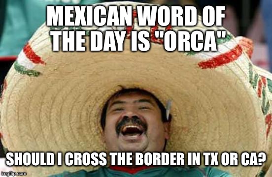 Happy Mexican | MEXICAN WORD OF THE DAY IS "ORCA"; SHOULD I CROSS THE BORDER IN TX OR CA? | image tagged in happy mexican | made w/ Imgflip meme maker