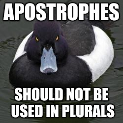 Angry Advice Mallard | APOSTROPHES; SHOULD NOT BE USED IN PLURALS | image tagged in angry advice mallard,memes,punctuation | made w/ Imgflip meme maker