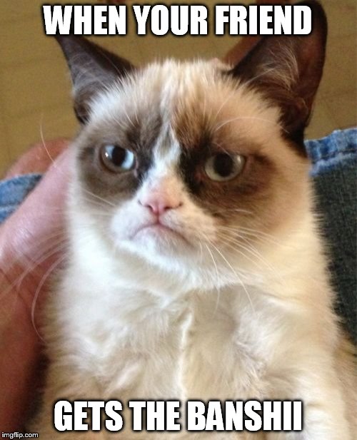Grumpy Cat | WHEN YOUR FRIEND; GETS THE BANSHII | image tagged in memes,grumpy cat | made w/ Imgflip meme maker