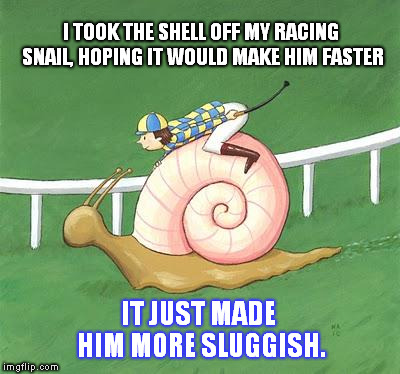 Racing snail! | I TOOK THE SHELL OFF MY RACING SNAIL, HOPING IT WOULD MAKE HIM FASTER; IT JUST MADE HIM MORE SLUGGISH. | image tagged in snail jockey,bad pun,sluggish | made w/ Imgflip meme maker