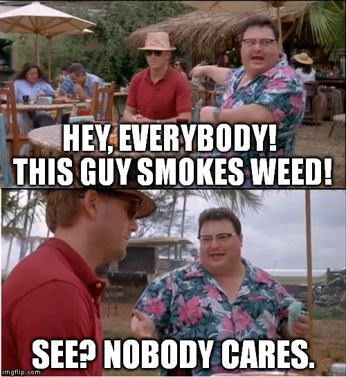 See Nobody Cares Meme | HEY, EVERYBODY! THIS GUY SMOKES WEED! SEE? NOBODY CARES. | image tagged in memes,see nobody cares | made w/ Imgflip meme maker