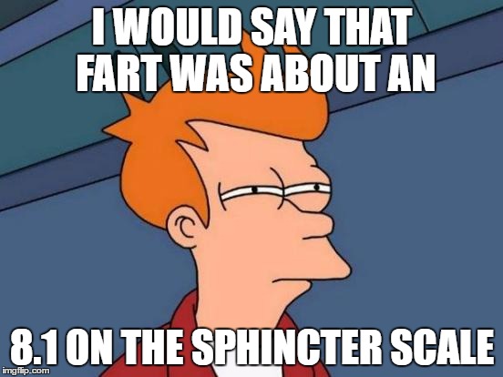 8 for the shake and .1 for the bake | I WOULD SAY THAT FART WAS ABOUT AN; 8.1 ON THE SPHINCTER SCALE | image tagged in memes,futurama fry | made w/ Imgflip meme maker