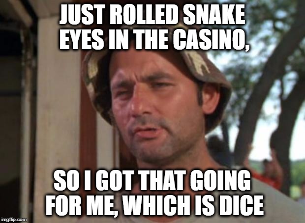 They're everywhere right now... | JUST ROLLED SNAKE EYES IN THE CASINO, SO I GOT THAT GOING FOR ME, WHICH IS DICE | image tagged in memes,so i got that goin for me which is nice,so i got that going for me which is nice | made w/ Imgflip meme maker