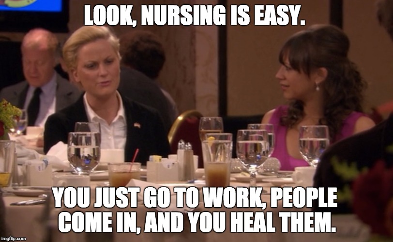 parks and rec nursing is easy | LOOK, NURSING IS EASY. YOU JUST GO TO WORK, PEOPLE COME IN, AND YOU HEAL THEM. | image tagged in parks and rec nursing is easy | made w/ Imgflip meme maker