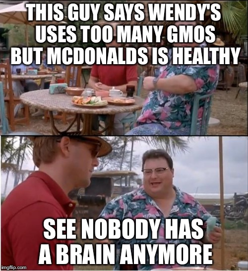See Nobody Cares | THIS GUY SAYS WENDY'S USES TOO MANY GMOS BUT MCDONALDS IS HEALTHY; SEE NOBODY HAS A BRAIN ANYMORE | image tagged in memes,see nobody cares | made w/ Imgflip meme maker