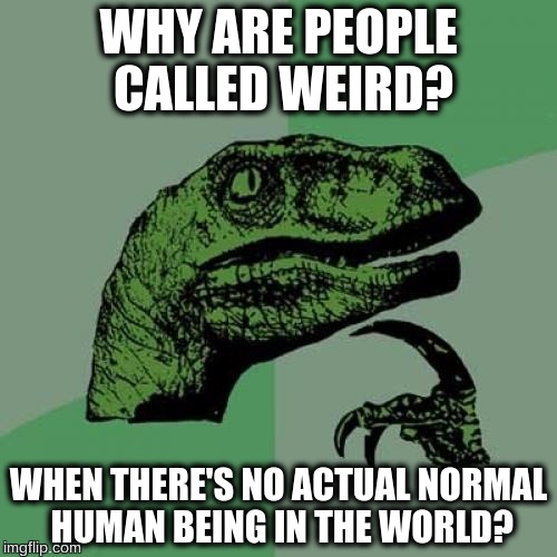 Logic | WHY ARE PEOPLE CALLED WEIRD? WHEN THERE'S NO ACTUAL NORMAL HUMAN BEING IN THE WORLD? | image tagged in memes,philosoraptor,get hit with knowledge,logic,think about it | made w/ Imgflip meme maker