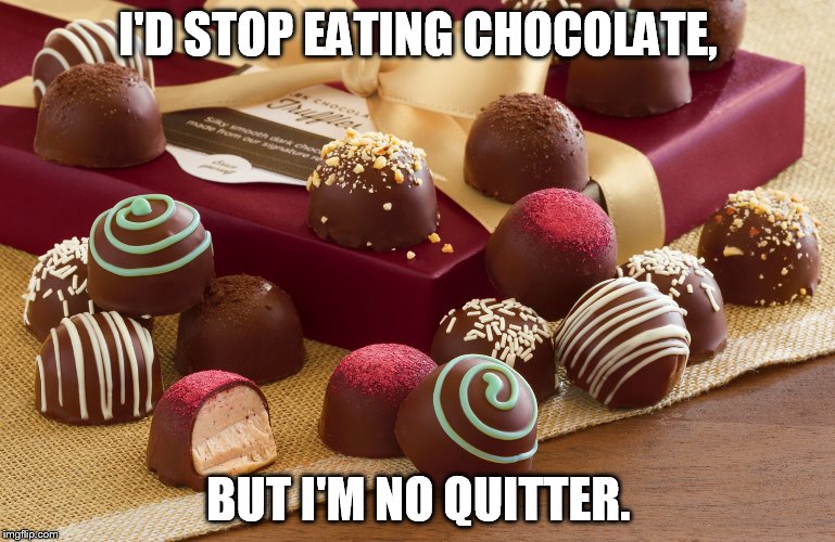 no quitter | I'D STOP EATING CHOCOLATE, BUT I'M NO QUITTER. | image tagged in chocolate | made w/ Imgflip meme maker