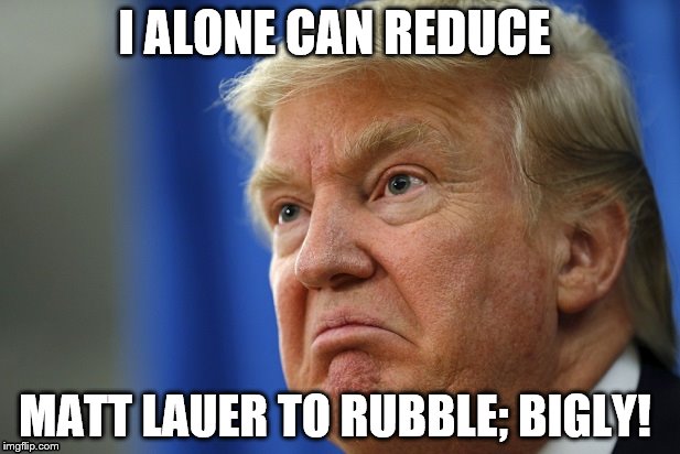 Donald Trump | I ALONE CAN REDUCE; MATT LAUER TO RUBBLE; BIGLY! | image tagged in donald trump | made w/ Imgflip meme maker