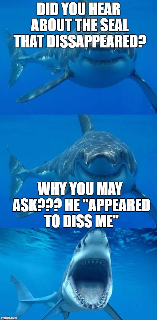 Bad Shark Pun  | DID YOU HEAR ABOUT THE SEAL THAT DISSAPPEARED? WHY YOU MAY ASK??? HE "APPEARED TO DISS ME" | image tagged in bad shark pun | made w/ Imgflip meme maker