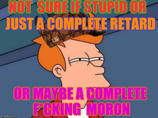 Futurama Fry | NOT  SURE IF STUPID OR; JUST A COMPLETE RETARD; OR MAYBE A COMPLETE F*CKING 
MORON | image tagged in memes,futurama fry,scumbag | made w/ Imgflip meme maker