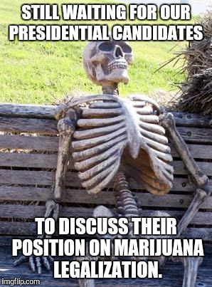 Waiting Skeleton Meme | STILL WAITING FOR OUR PRESIDENTIAL CANDIDATES; TO DISCUSS THEIR POSITION ON MARIJUANA LEGALIZATION. | image tagged in memes,waiting skeleton | made w/ Imgflip meme maker