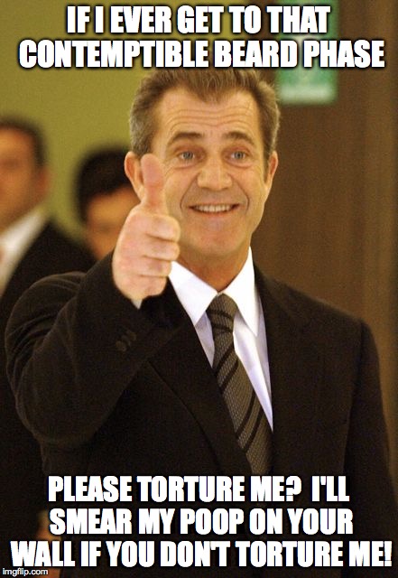 Mel Gibson Approves | IF I EVER GET TO THAT CONTEMPTIBLE BEARD PHASE; PLEASE TORTURE ME?  I'LL SMEAR MY POOP ON YOUR WALL IF YOU DON'T TORTURE ME! | image tagged in mel gibson approves | made w/ Imgflip meme maker