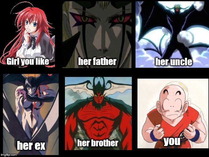 The demon girl you like! | her father; Girl you like; her uncle; you; her brother; her ex | image tagged in go nagai,demon lord dante,devilman,dbz,highschool dxd,funny | made w/ Imgflip meme maker