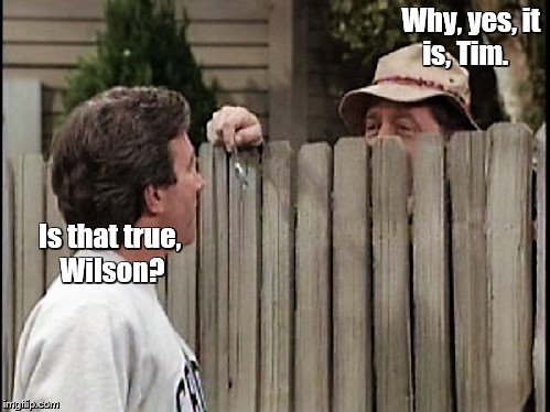 Home Improvement Tim and Wilson | Why, yes, it is, Tim. Is that true, Wilson? | image tagged in home improvement tim and wilson | made w/ Imgflip meme maker