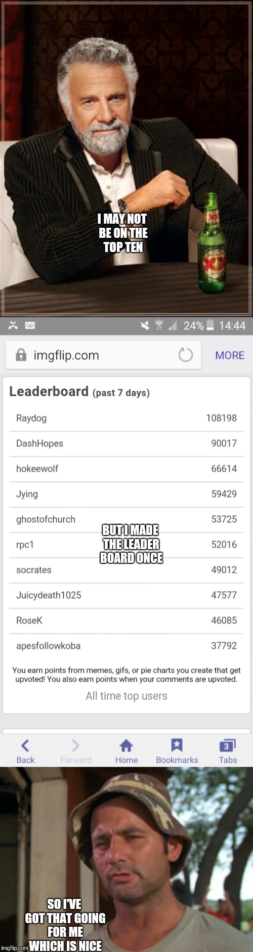 Made this for a comment. Felt like submitting it | I MAY NOT BE ON THE TOP TEN; BUT I MADE THE LEADER BOARD ONCE; SO I'VE GOT THAT GOING FOR ME WHICH IS NICE | image tagged in memes,imgflip | made w/ Imgflip meme maker
