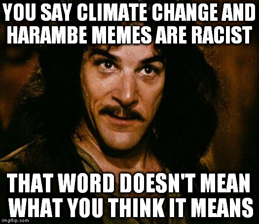 Inigo Montoya Meme | YOU SAY CLIMATE CHANGE AND HARAMBE MEMES ARE RACIST; THAT WORD DOESN'T MEAN WHAT YOU THINK IT MEANS | image tagged in memes,inigo montoya,harambe,climate change,dicksoutforharambe | made w/ Imgflip meme maker