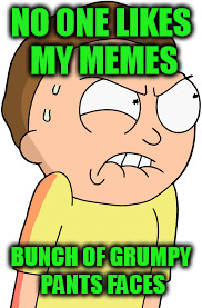 NO ONE LIKES MY MEMES; BUNCH OF GRUMPY PANTS FACES | image tagged in morty,rick and morty | made w/ Imgflip meme maker