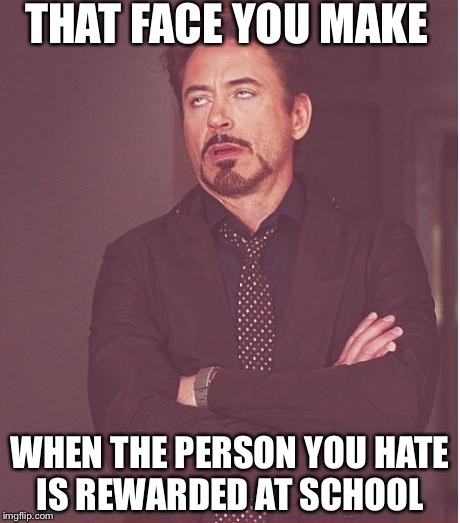 Face You Make Robert Downey Jr Meme | THAT FACE YOU MAKE; WHEN THE PERSON YOU HATE IS REWARDED AT SCHOOL | image tagged in memes,face you make robert downey jr | made w/ Imgflip meme maker