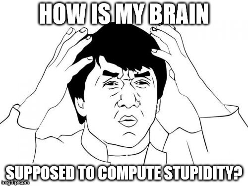 Jackie Chan WTF | HOW IS MY BRAIN; SUPPOSED TO COMPUTE STUPIDITY? | image tagged in memes,jackie chan wtf | made w/ Imgflip meme maker